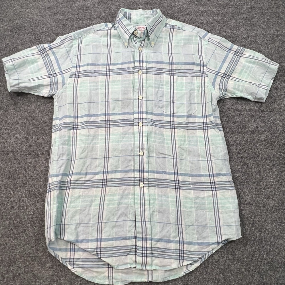 Brooks Brothers Shirt Mens Small Mint Green Plaid 100% Irish Linen Madison